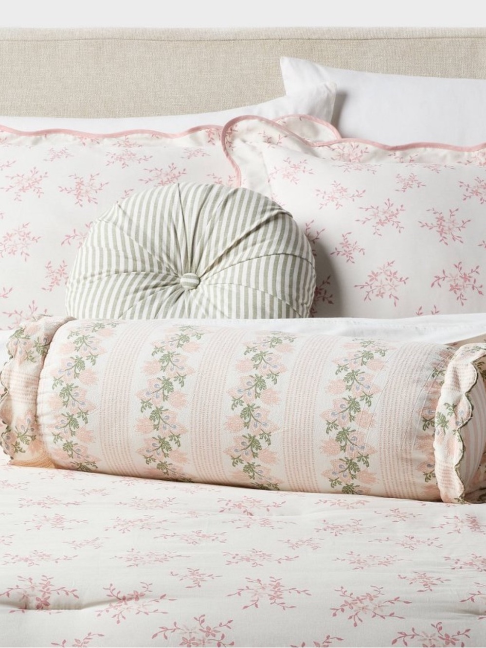 NWT Pink Floral Bolster Pillow with Green Leaves